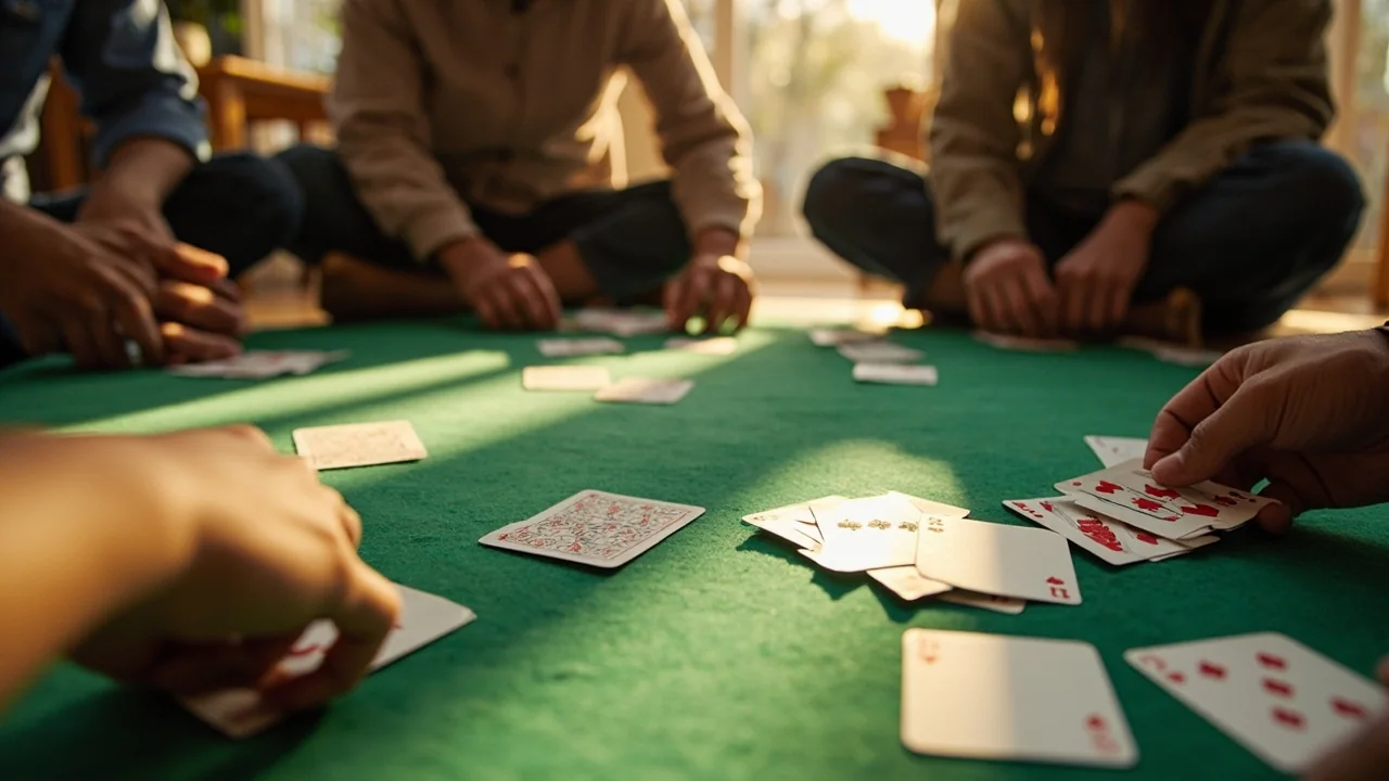 Editorial photograph of a family-style rummy game in a sunlit living room, a green felt mat on a wooden floor, lifestyle-magazine composition