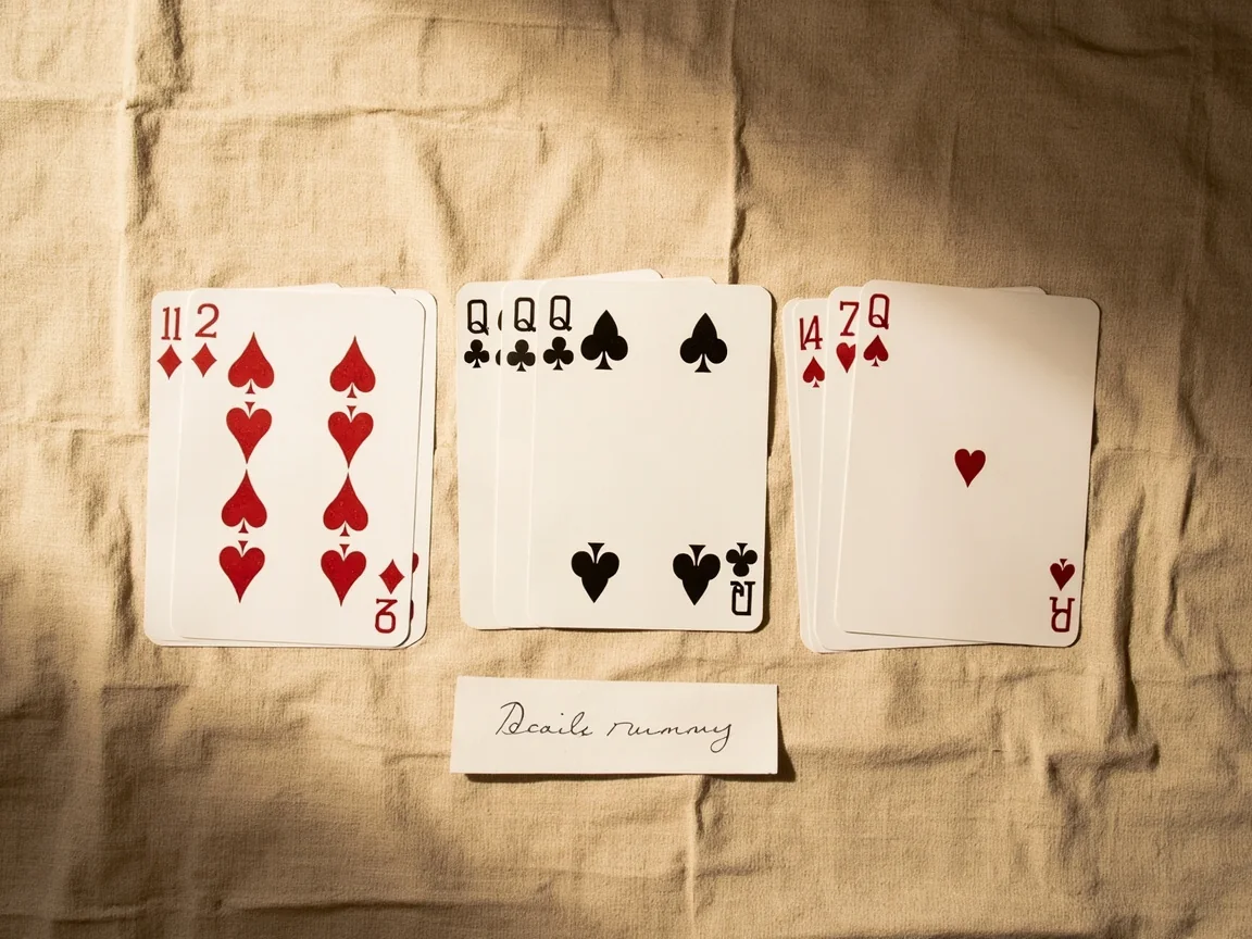 Editorial flat-lay photograph of three rummy variants arranged side by side on natural linen: a thirteen-card points hand, a twenty-one-card pool hand, and a closed deck for deals