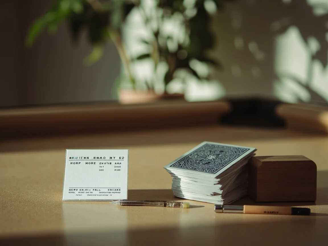 Editorial photograph of a pool rummy table setup, two neat decks of cards stacked beside a small wooden drop box, a printed score card and a pencil