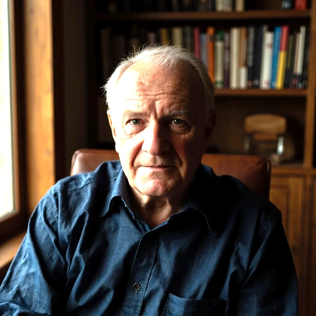 Editorial portrait of a senior rummy columnist in a navy linen shirt, seated against a teakwood library shelf