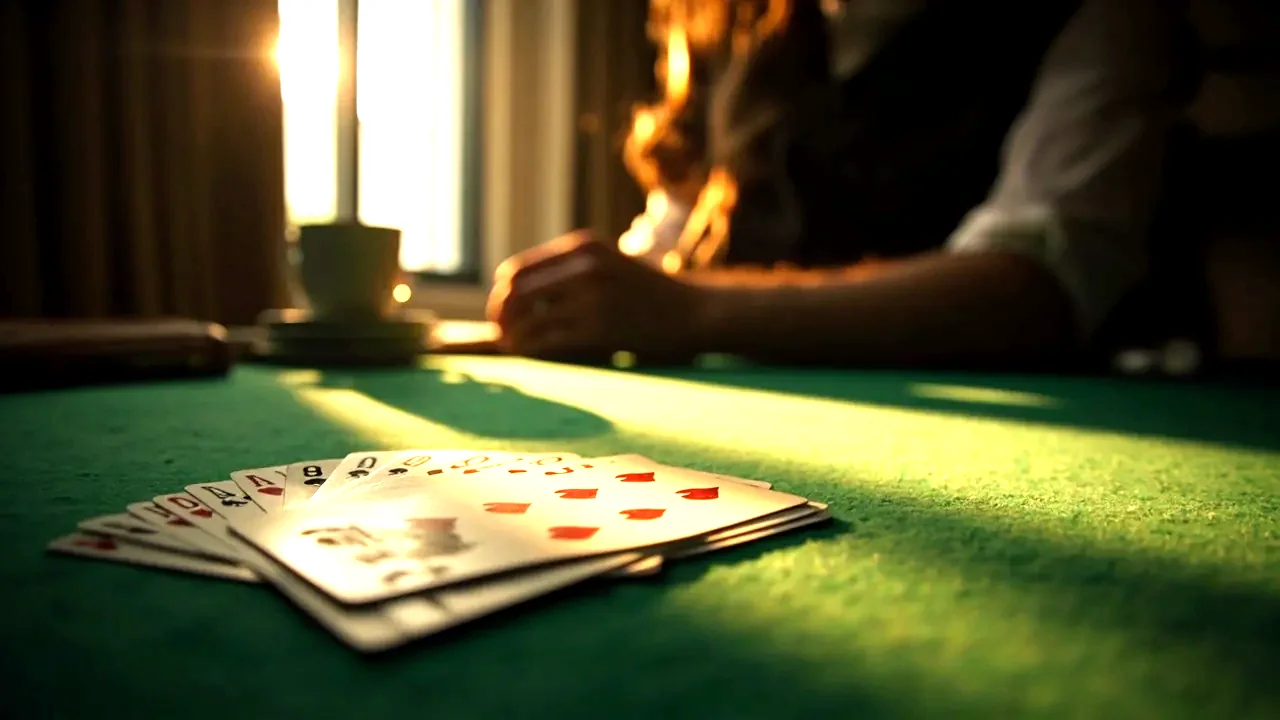 Editorial photograph of a real rummy felt table with a dealt hand fanned across the green baize, warm tungsten and natural daylight, premium weekend-magazine composition.