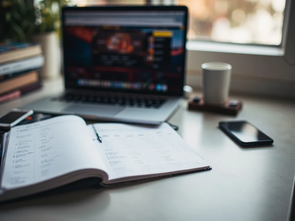 Editorial photograph of a calm home-office safety review setup, a closed laptop beside a printed KYC checklist