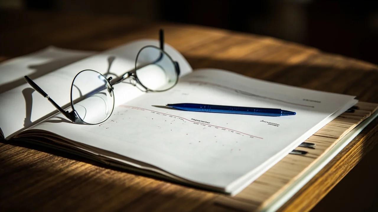 Editorial photograph of a rummy rulebook open on a wooden desk, pages showing a sample turn sequence, reading glasses resting on the page