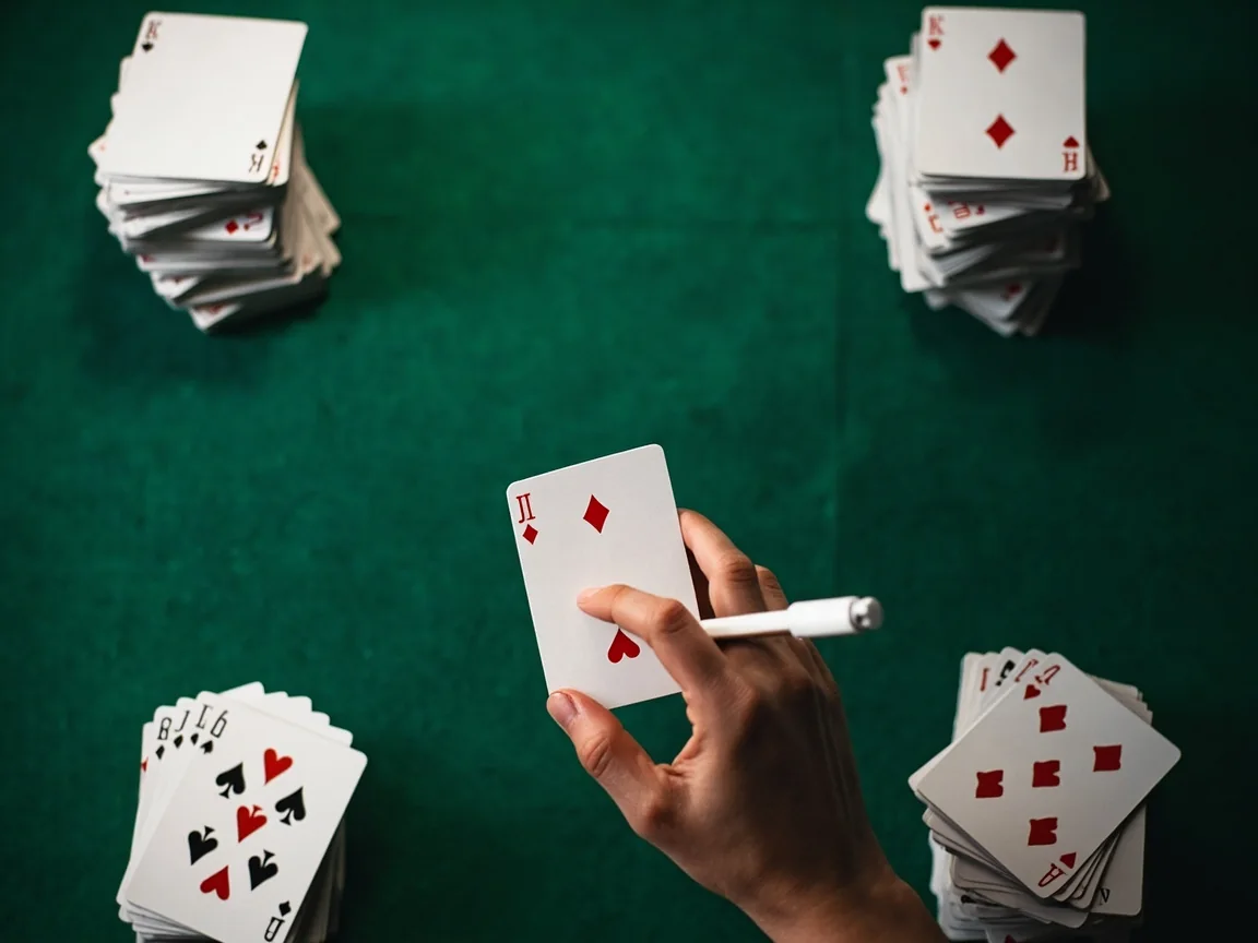 Editorial top-down photograph of the first deal of a rummy tutorial, a single face-up joker in the center, four neat piles of face-down cards around it