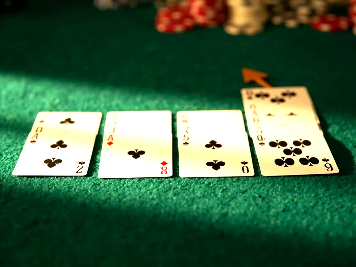 Editorial photograph of a real rummy meld sequence laid out on a green baize, a pure run of seven cards, a set of three identical-rank cards, and a fourth combination partially formed