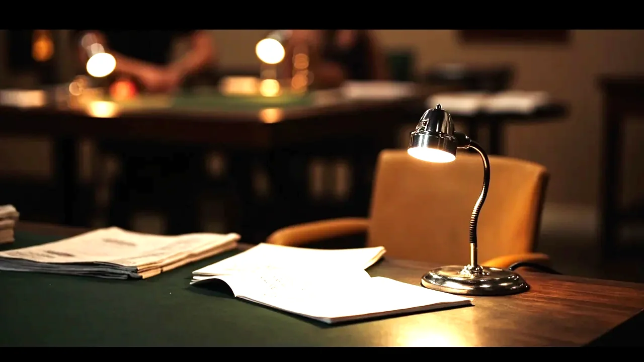 Editorial photograph of a quiet press desk at a rummy tournament venue, a small notepad with handwritten quotes, a folded newspaper, a metal desk lamp