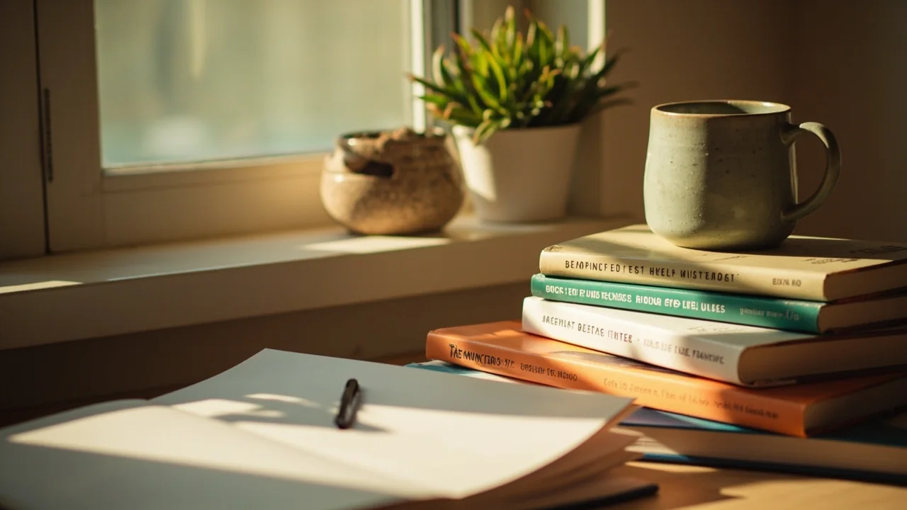 Editorial photograph of a quiet reading nook with a stack of paperback books on a rummy-and-wellness theme, a closed notebook, a ceramic mug of herbal tea, late-afternoon mood