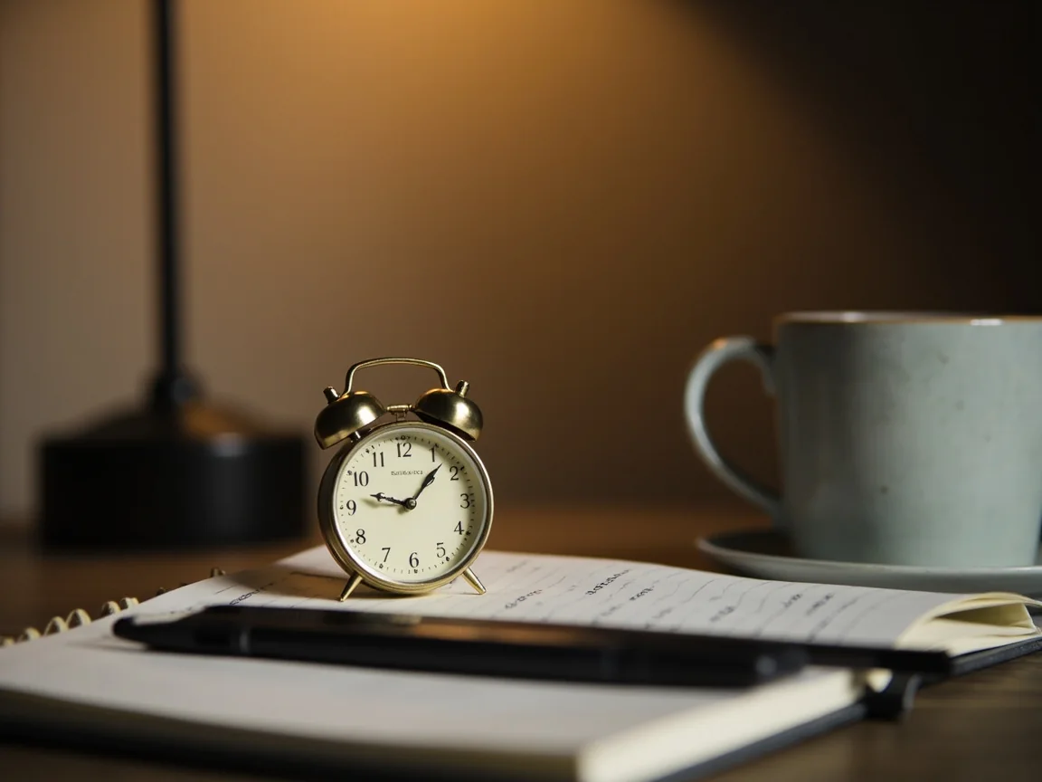 Editorial photograph of a small brass desk clock next to a closed notebook and a ceramic mug, late afternoon mood