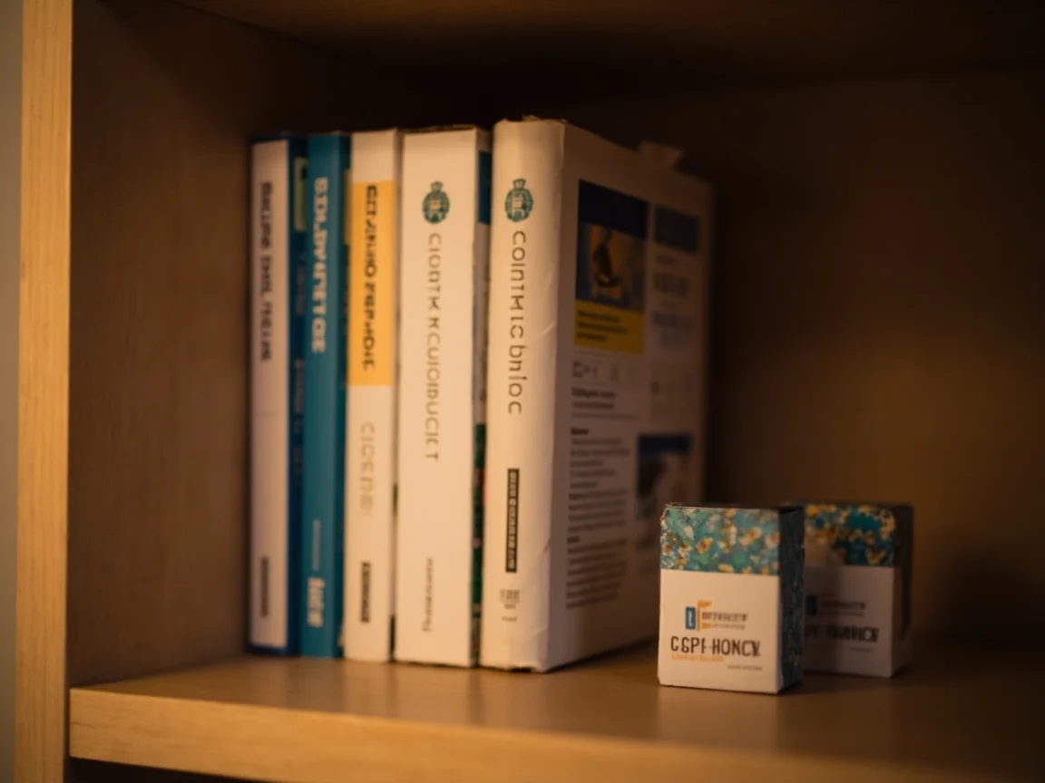 Editorial photograph of a small wooden bookshelf holding a row of support-resource books and a single card deck, soft warm side light