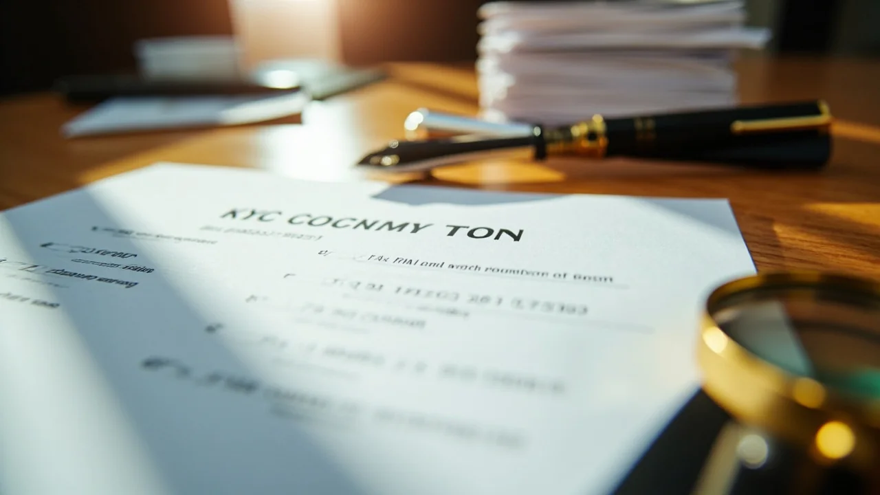 Editorial photograph of a calm and orderly KYC document review scene, a wooden desk with a small stack of generic placeholder paperwork, a fountain pen, a brass magnifying glass
