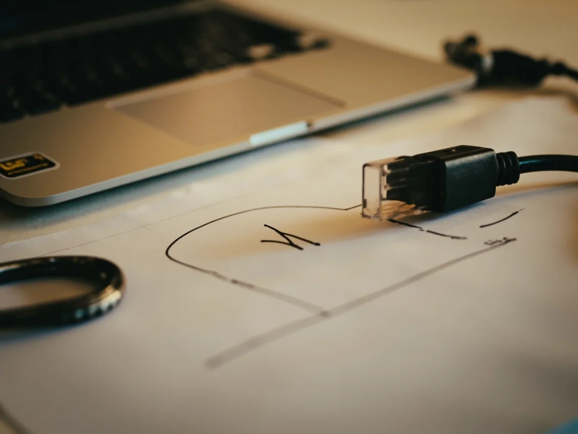 Editorial photograph of a desk with a closed laptop showing a small sticker on its lid, a wired ethernet cable trailing off-frame, a paper notebook with a sketched padlock diagram