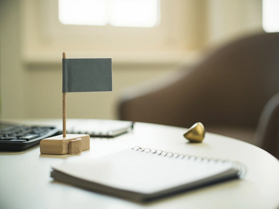 Editorial photograph of a calm home-office safety review setup, a closed laptop beside a printed KYC checklist