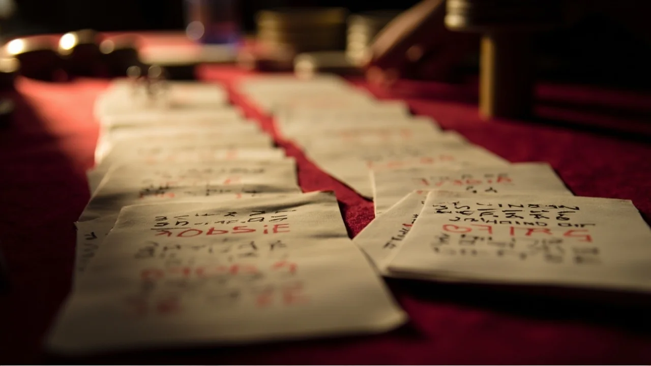 Editorial photograph of a thirteen-card rummy strategy spread, cards arranged in three planned sequences with a small notepad showing a sketched game plan