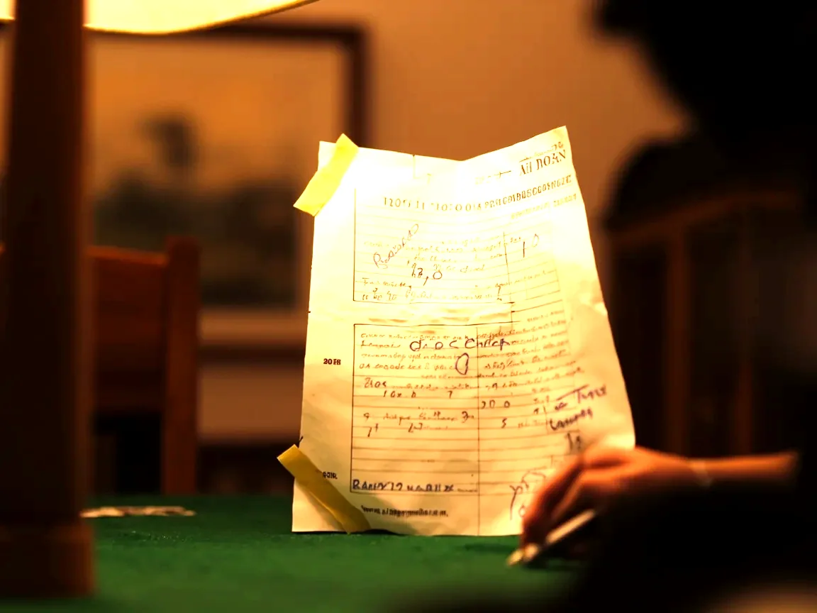 Editorial photograph of a small paper card-count chart taped to a wooden lamp post, with pen annotations, a rummy hand placed below the chart on a green baize
